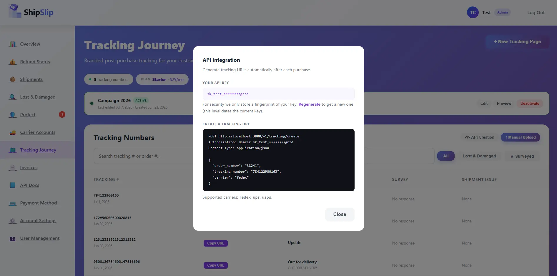 Generate, reveal, copy, and regenerate your API key. The request template is shown inline.