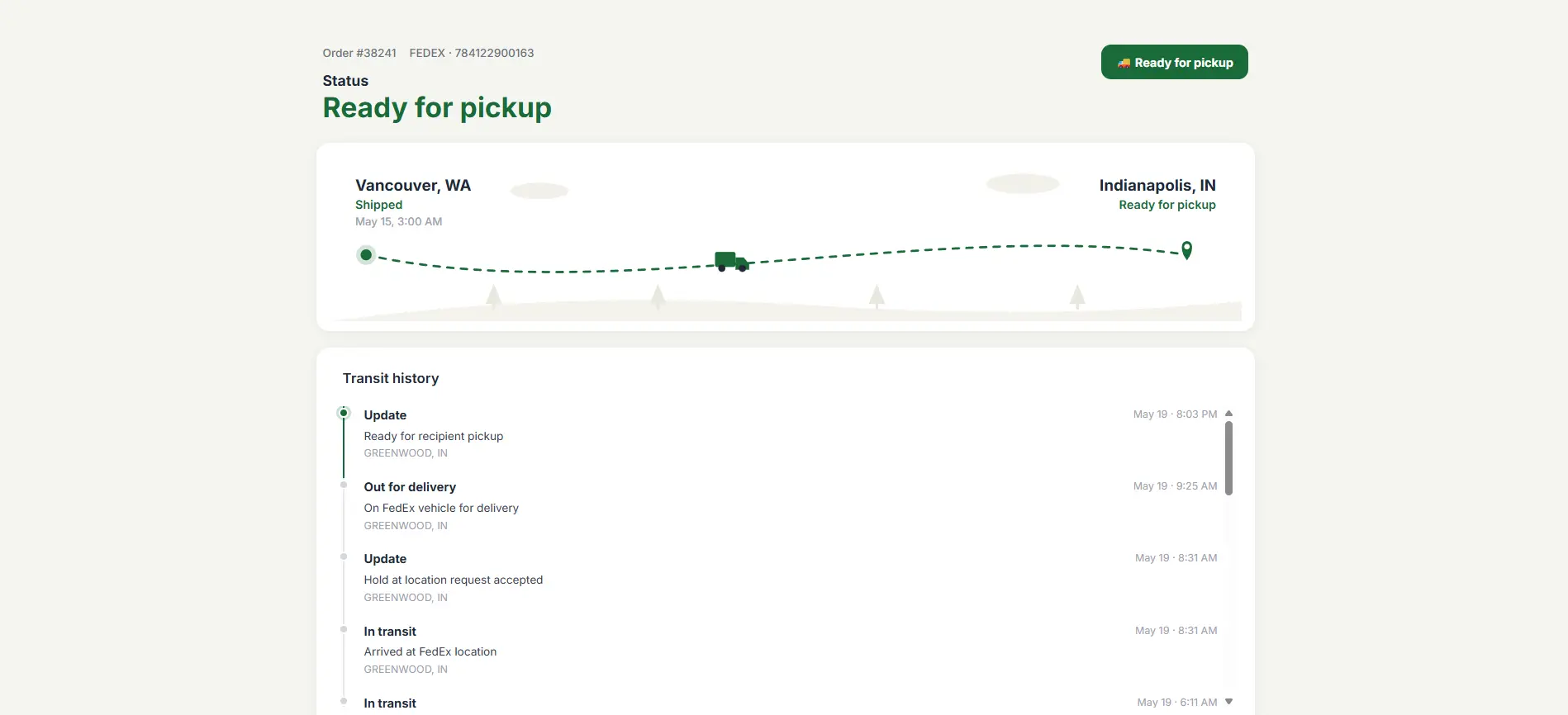 The branded page your customer opens — this is the tracking_url returned by the API.