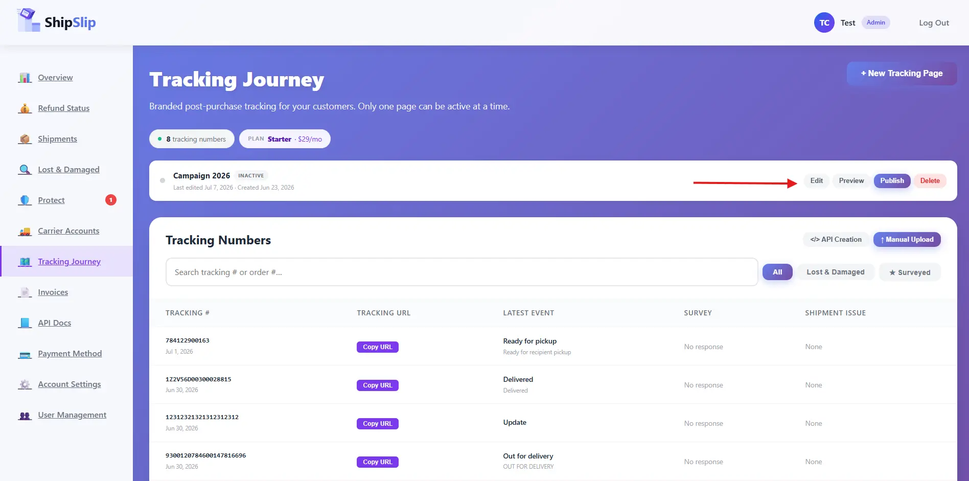 Publish the branded tracking page that incoming tracking numbers attach to. You need one active page before the API returns 201.