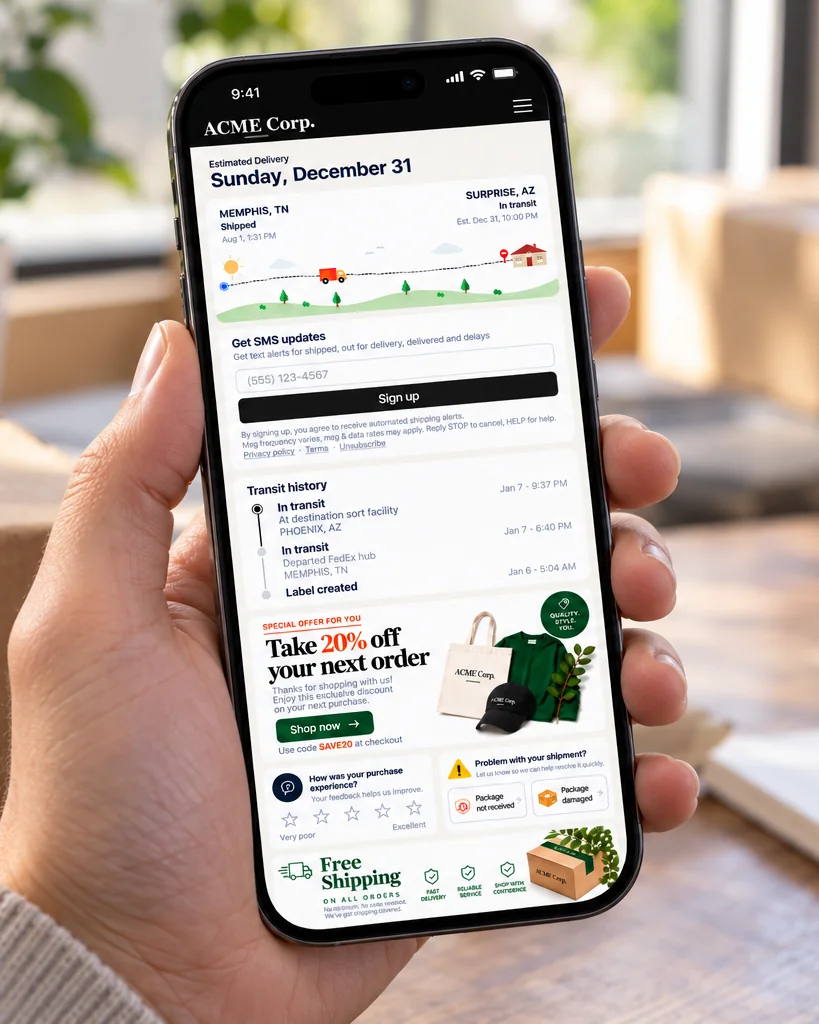 A customer holding a phone showing a branded Journey tracking page with delivery status, a 20% off offer, and a delivery issue form