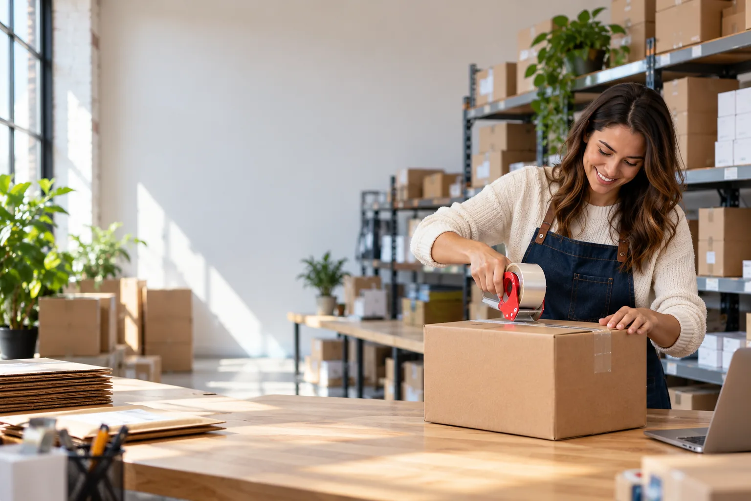 A merchant taping up an order at her packing bench, with shelves of stock behind her