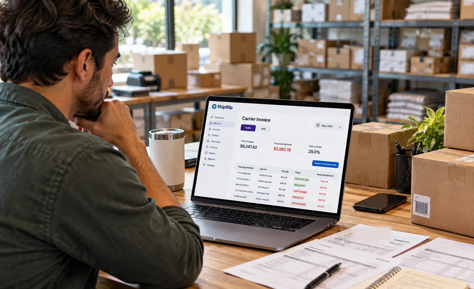 An operations manager reviewing a shipping invoice on a laptop, with packed boxes on the desk