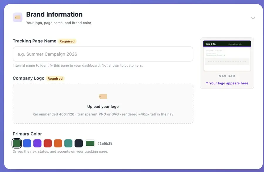 ShipSlip dashboard Brand Information panel showing tracking page name, company logo upload, and primary color picker