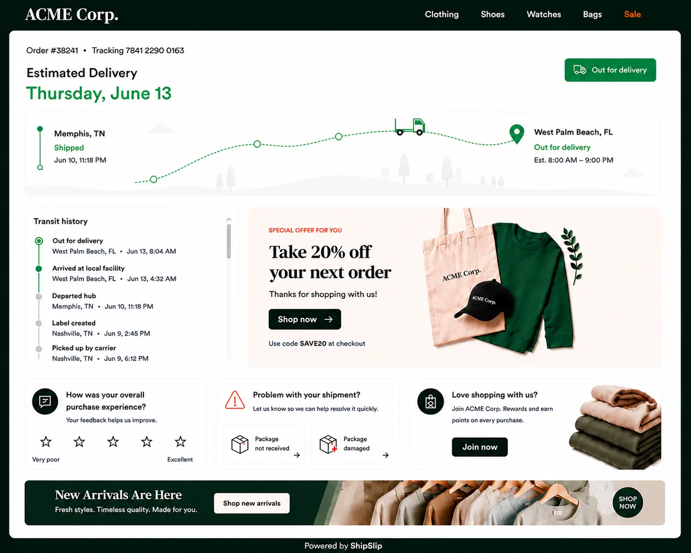Journey web experience: desktop view showing branded tracking page with order details, route map, transit history, promotional offer and loyalty sections